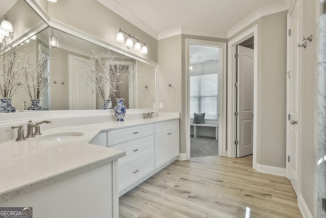 459 N Cove Dr, Newnan, GA 30263 - bathroom featuring double vanity, wood finished floors, and ornamental molding