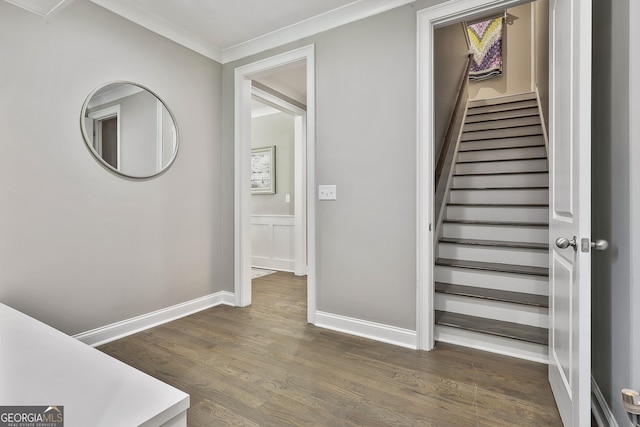 459 N Cove Dr, Newnan, GA 30263 - stairs with wood finished floors and crown molding