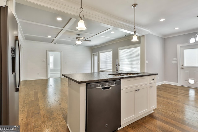 459 N Cove Dr, Newnan, GA 30263 - kitchen featuring stainless steel appliances, plenty of natural light, coffered ceiling, dark wood-type flooring, and a ceiling fan