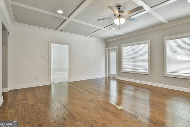 459 N Cove Dr, Newnan, GA 30263 - empty room featuring coffered ceiling, a ceiling fan, wood finished floors, wood walls, and beamed ceiling