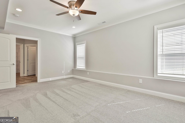 459 N Cove Dr, Newnan, GA 30263 - unfurnished bedroom featuring ornamental molding, carpet flooring, multiple windows, recessed lighting, and a ceiling fan
