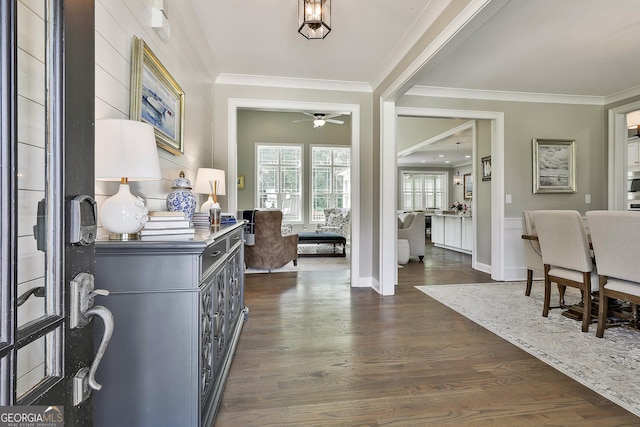 459 N Cove Dr, Newnan, GA 30263 - entrance foyer with ornamental molding, a ceiling fan, and dark wood-style flooring