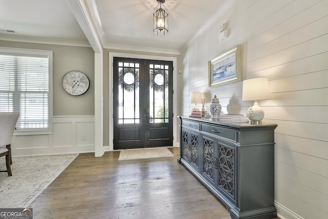 459 N Cove Dr, Newnan, GA 30263 - foyer featuring healthy amount of natural light, ornamental molding, and dark wood-style floors