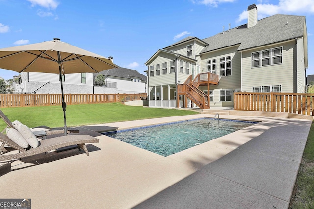 459 N Cove Dr, Newnan, GA 30263 - view of pool featuring stairway, a wooden deck, a fenced backyard, and a patio area