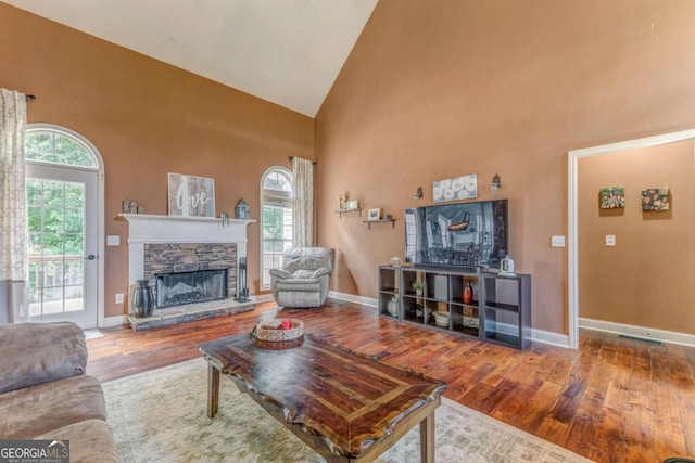 119 Creekside Vw, Hiram, GA 30141 - living area featuring high vaulted ceiling, wood finished floors, and a stone fireplace