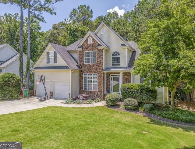 119 Creekside Vw, Hiram, GA 30141 - view of front facade with stone siding, driveway, a front lawn, and a garage