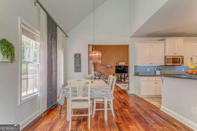 119 Creekside Vw, Hiram, GA 30141 - dining room with wood finished floors, a chandelier, and high vaulted ceiling