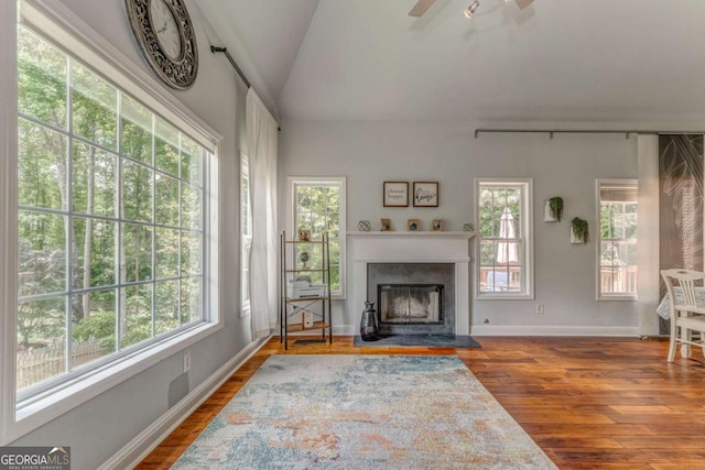 119 Creekside Vw, Hiram, GA 30141 - living area with vaulted ceiling, wood finished floors, a fireplace with raised hearth, and ceiling fan