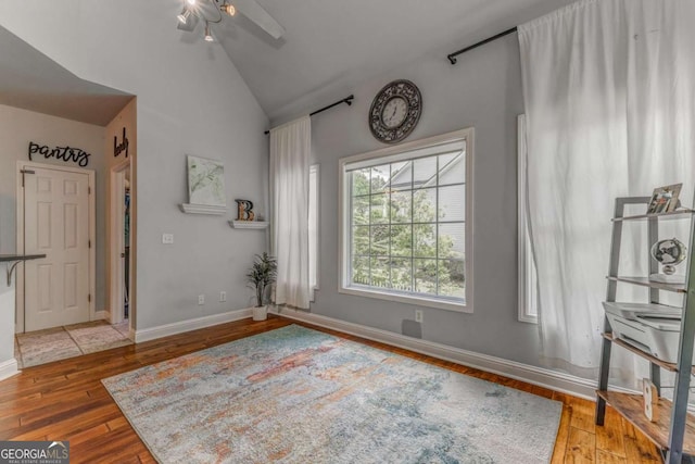 119 Creekside Vw, Hiram, GA 30141 - spare room featuring a ceiling fan, high vaulted ceiling, and hardwood / wood-style flooring