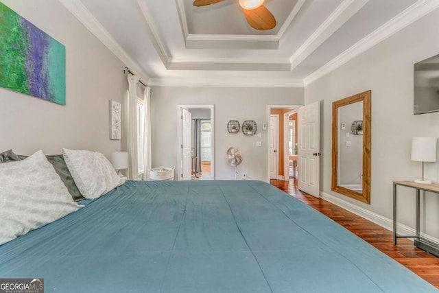 119 Creekside Vw, Hiram, GA 30141 - bedroom with a tray ceiling, wood finished floors, ornamental molding, and a ceiling fan