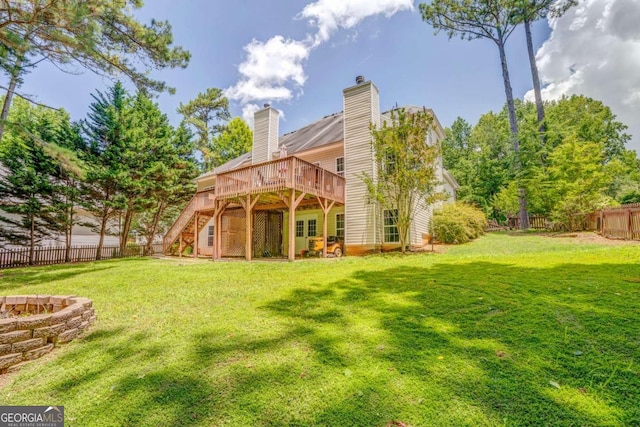 119 Creekside Vw, Hiram, GA 30141 - back of house featuring a deck, a fenced backyard, stairway, and a chimney