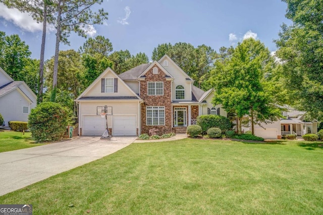 119 Creekside Vw, Hiram, GA 30141 - view of front of home with driveway, a front lawn, brick siding, and a garage