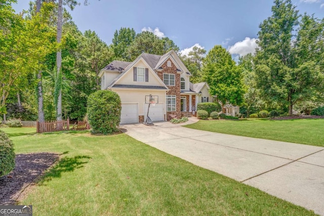 119 Creekside Vw, Hiram, GA 30141 - view of front of home with driveway, an attached garage, brick siding, and view of wooded area