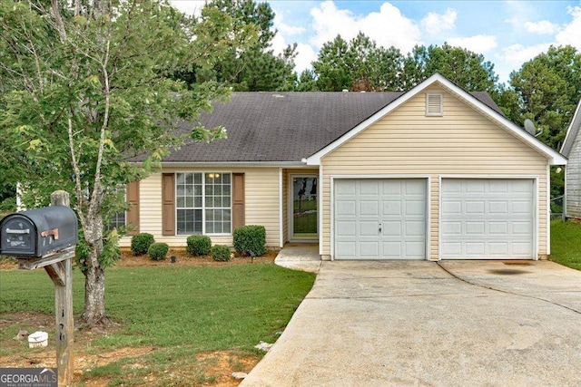 2898 Cedar Trace Dr, Ellenwood, GA 30294 - ranch-style house with driveway, a front yard, and an attached garage
