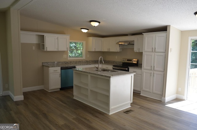 325 High Rd, Forsyth, GA 31029 - kitchen featuring dishwasher, open shelves, electric range, exhaust hood, and dark wood finished floors