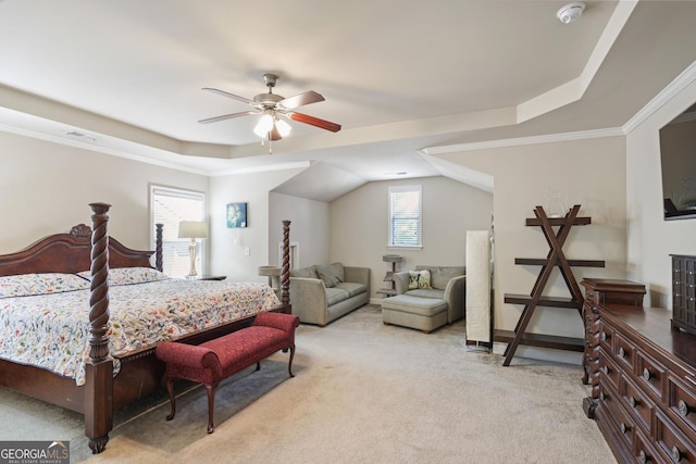 218 Ballymore Ln, Acworth, GA 30102 - bedroom featuring light carpet, a tray ceiling, ceiling fan, and crown molding