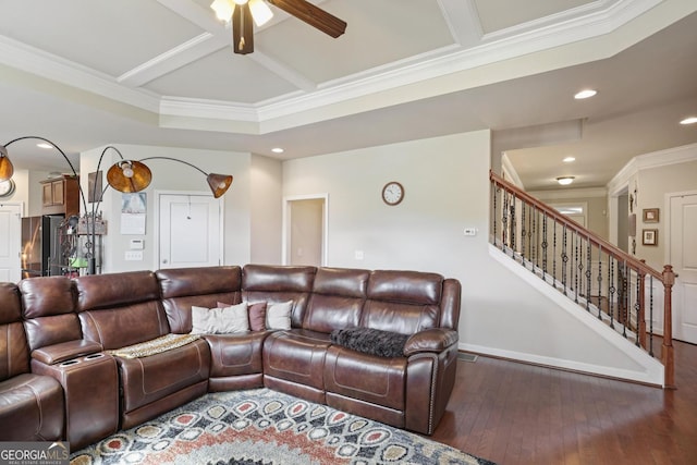 218 Ballymore Ln, Acworth, GA 30102 - living area featuring coffered ceiling, ornamental molding, hardwood / wood-style flooring, ceiling fan, and stairway