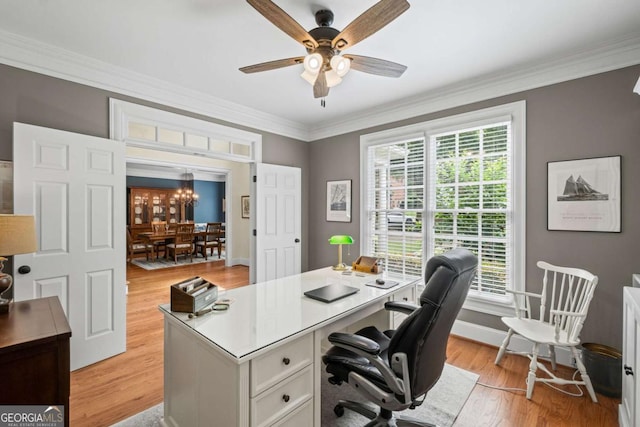 7615 Laurel Oak Dr, Suwanee, GA 30024 - office featuring a ceiling fan, light wood finished floors, ornamental molding, and a chandelier