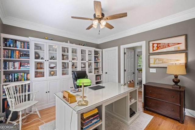 7615 Laurel Oak Dr, Suwanee, GA 30024 - office space with ceiling fan, light wood finished floors, and crown molding