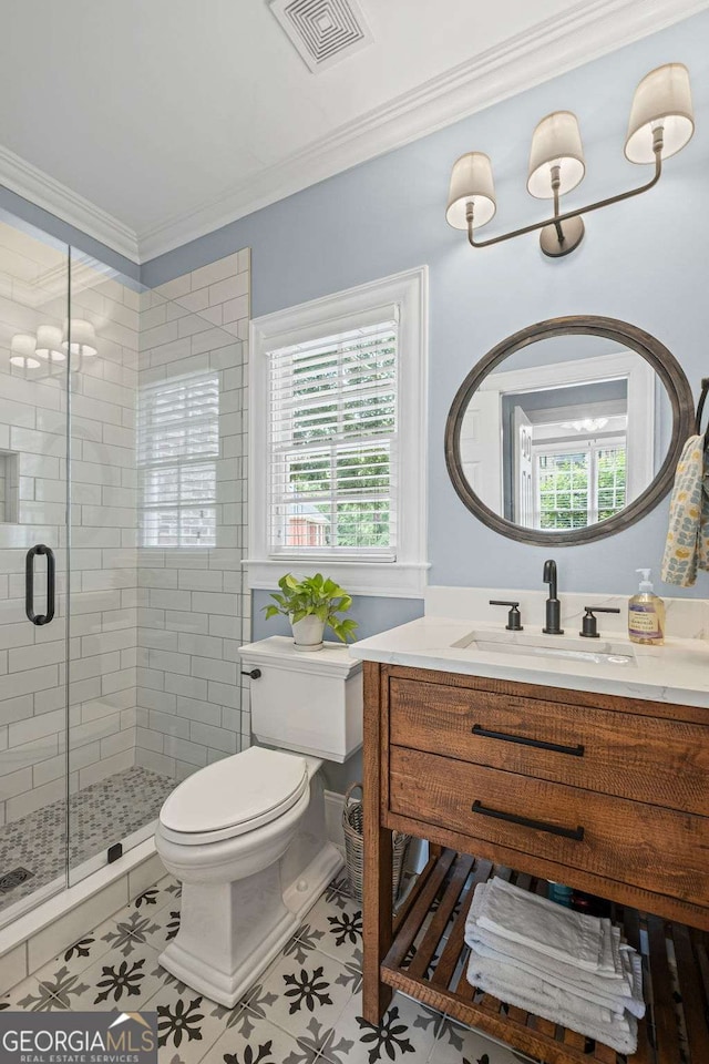 7615 Laurel Oak Dr, Suwanee, GA 30024 - full bathroom featuring a shower stall, vanity, and crown molding