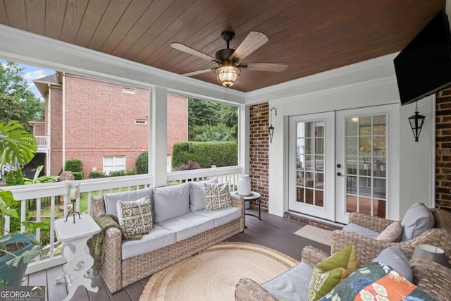 7615 Laurel Oak Dr, Suwanee, GA 30024 - sunroom / solarium featuring an outdoor hangout area, french doors, and ceiling fan