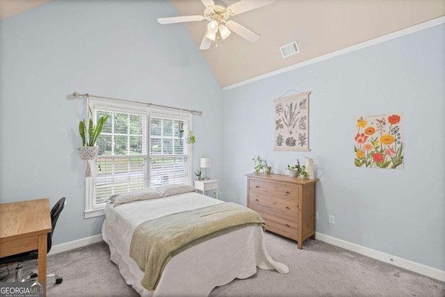 7615 Laurel Oak Dr, Suwanee, GA 30024 - bedroom with carpet flooring, high vaulted ceiling, and a ceiling fan