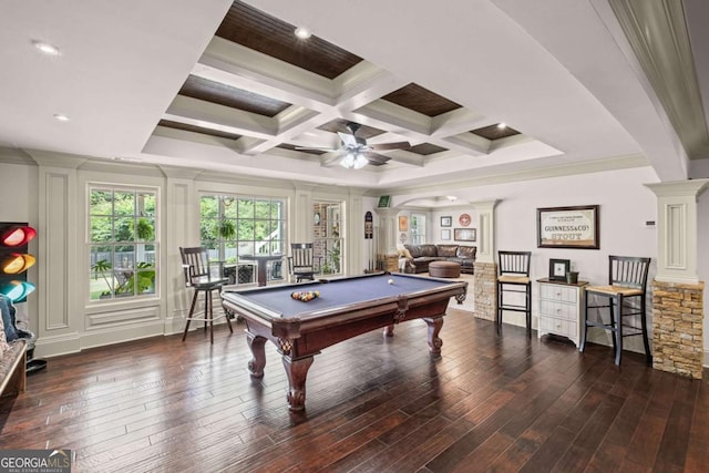 7615 Laurel Oak Dr, Suwanee, GA 30024 - rec room with plenty of natural light, billiards table, hardwood / wood-style floors, beamed ceiling, and coffered ceiling