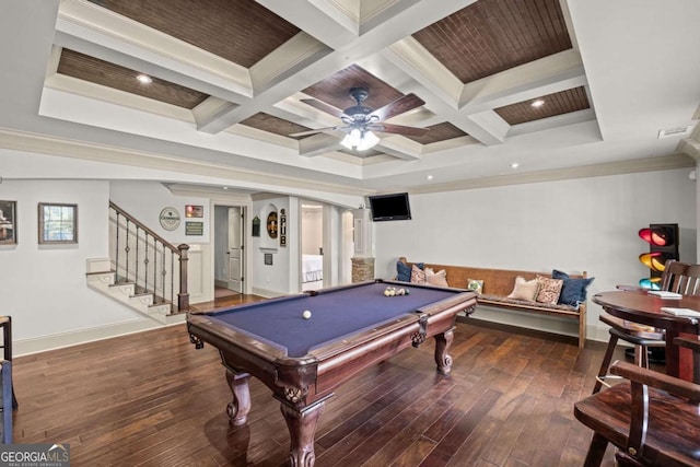 7615 Laurel Oak Dr, Suwanee, GA 30024 - playroom with wood-type flooring, crown molding, coffered ceiling, beamed ceiling, and billiards