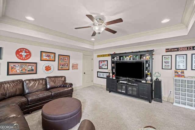 7615 Laurel Oak Dr, Suwanee, GA 30024 - living room featuring a ceiling fan, a tray ceiling, crown molding, carpet floors, and recessed lighting