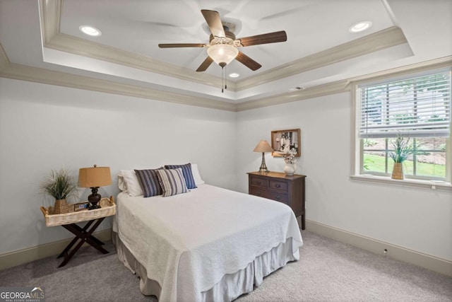 7615 Laurel Oak Dr, Suwanee, GA 30024 - bedroom with a raised ceiling, ornamental molding, light carpet, recessed lighting, and a ceiling fan