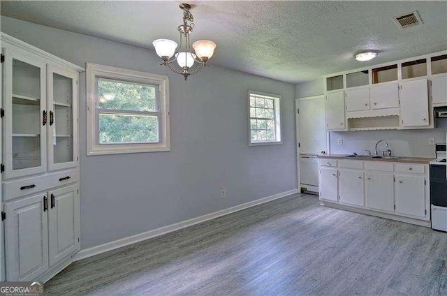 24 Echo Ridge Dr, Powder Springs, GA 30127 - kitchen featuring light wood-type flooring, white appliances, white cabinets, a chandelier, and a textured ceiling