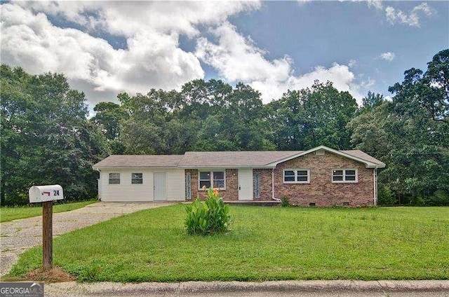 24 Echo Ridge Dr, Powder Springs, GA 30127 - ranch-style house featuring a front yard, brick siding, driveway, and crawl space