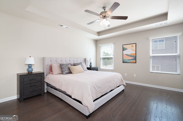 207 Cross Rd, Acworth, GA 30102 - bedroom featuring a tray ceiling, dark wood-style floors, and ceiling fan