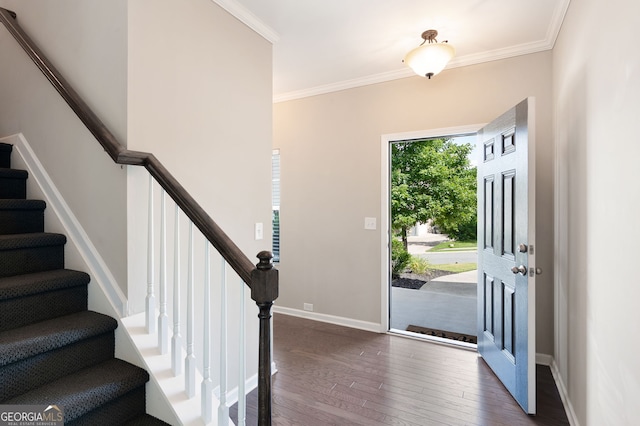 207 Cross Rd, Acworth, GA 30102 - foyer entrance featuring stairs, dark wood-style flooring, and crown molding