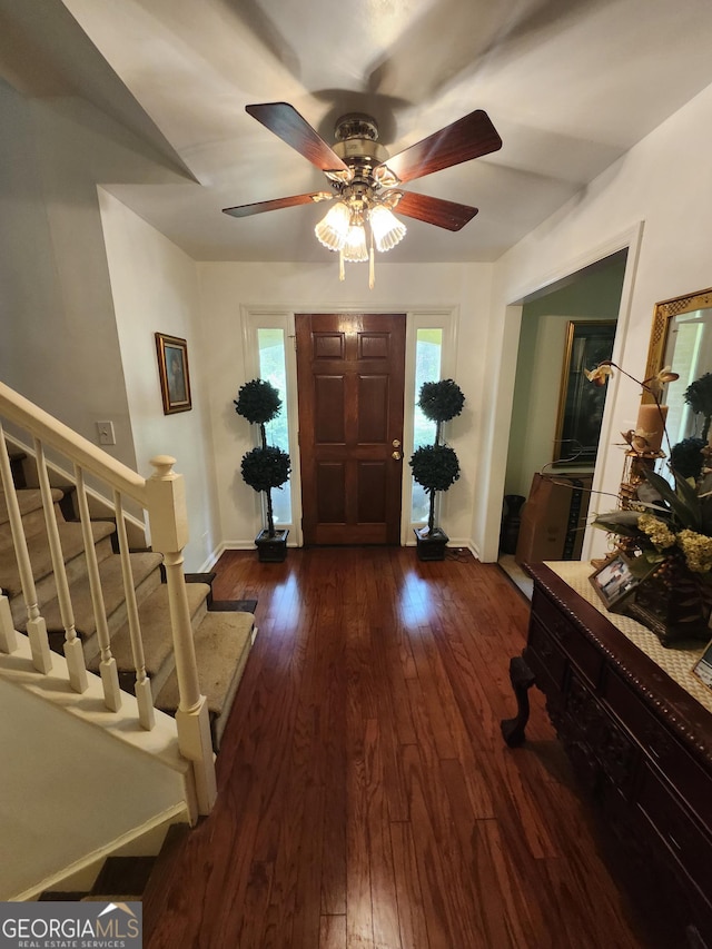 5001 Old Dawson Rd, Albany, GA 31721 - entrance foyer with dark wood finished floors, stairway, and ceiling fan