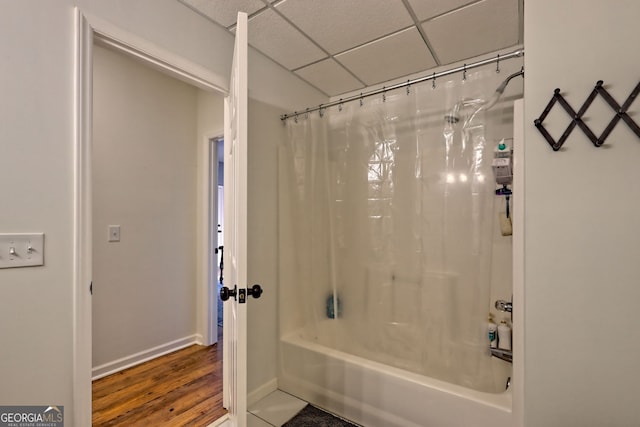 63 Maple Ridge Trl, Clayton, GA 30525 - bathroom featuring a drop ceiling, shower / tub combo with curtain, and wood finished floors