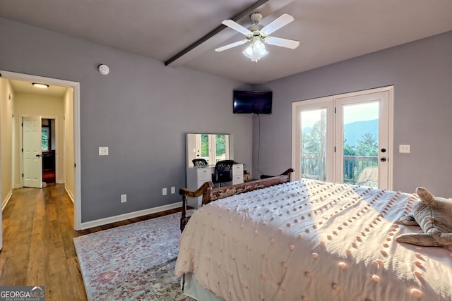 63 Maple Ridge Trl, Clayton, GA 30525 - bedroom featuring access to exterior, beamed ceiling, wood finished floors, and a ceiling fan