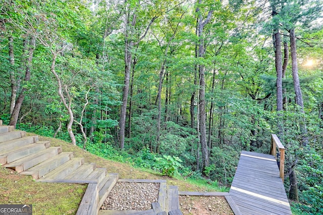 63 Maple Ridge Trl, Clayton, GA 30525 - view of yard featuring a view of trees and stairway