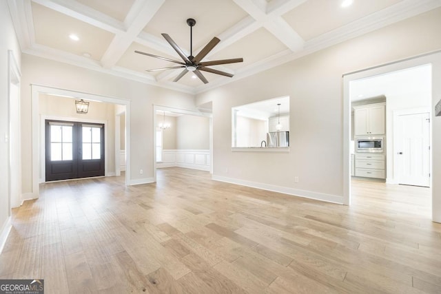 115 Gracetree Way, Kathleen, GA 31047 - foyer featuring coffered ceiling, french doors, light wood-style flooring, beamed ceiling, and ceiling fan