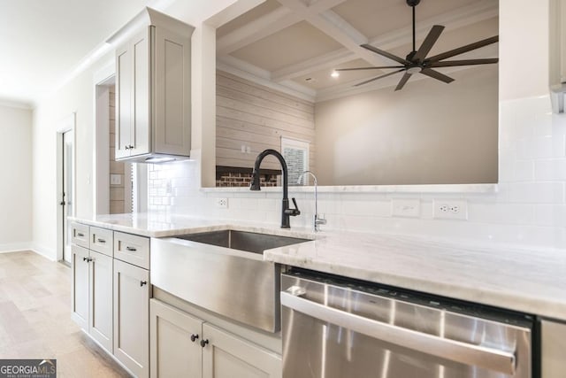 115 Gracetree Way, Kathleen, GA 31047 - kitchen featuring stainless steel dishwasher, ceiling fan, coffered ceiling, decorative backsplash, and light stone counters