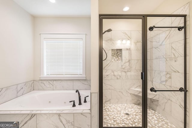 115 Gracetree Way, Kathleen, GA 31047 - full bathroom with a jetted tub, a shower stall, and recessed lighting