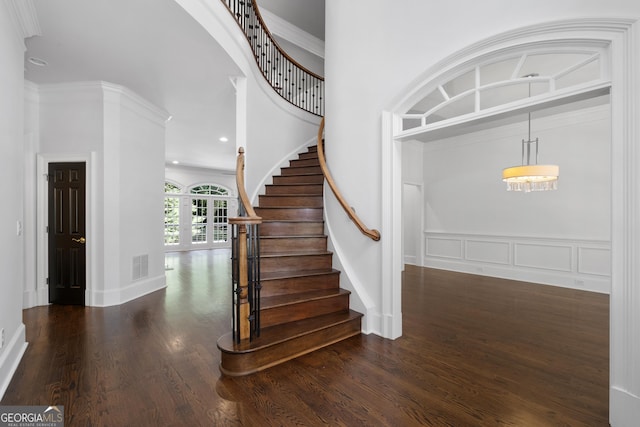 1650 Harvest Ln, Alpharetta, GA 30004 - stairs featuring wood finished floors, recessed lighting, french doors, and ornamental molding
