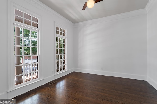 1650 Harvest Ln, Alpharetta, GA 30004 - spare room featuring ceiling fan, crown molding, and dark wood-style flooring