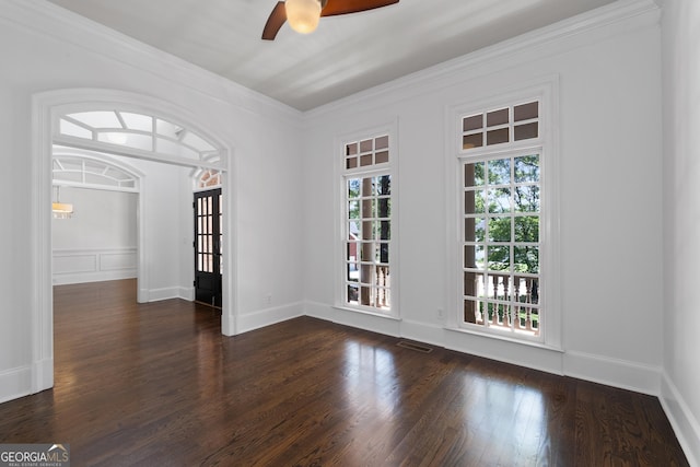 1650 Harvest Ln, Alpharetta, GA 30004 - spare room featuring ceiling fan, dark wood-style floors, and crown molding