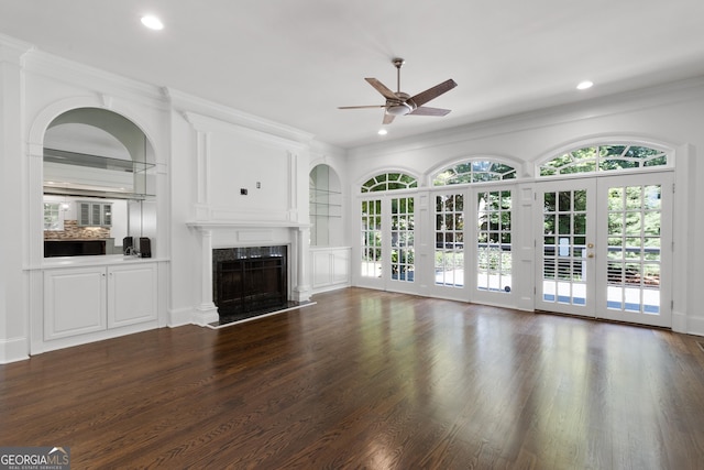1650 Harvest Ln, Alpharetta, GA 30004 - unfurnished living room featuring a ceiling fan, a premium fireplace, ornamental molding, recessed lighting, and wood finished floors