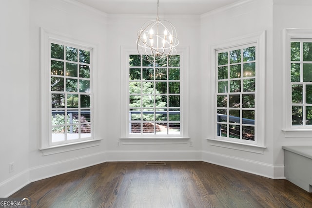 1650 Harvest Ln, Alpharetta, GA 30004 - unfurnished dining area featuring a chandelier, dark wood finished floors, and healthy amount of natural light