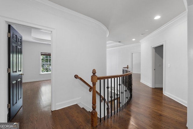 1650 Harvest Ln, Alpharetta, GA 30004 - hall with an upstairs landing, dark wood-style floors, ornamental molding, and recessed lighting