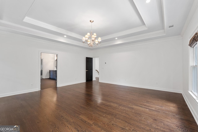 1650 Harvest Ln, Alpharetta, GA 30004 - unfurnished room with a raised ceiling, a chandelier, crown molding, dark wood-style flooring, and recessed lighting