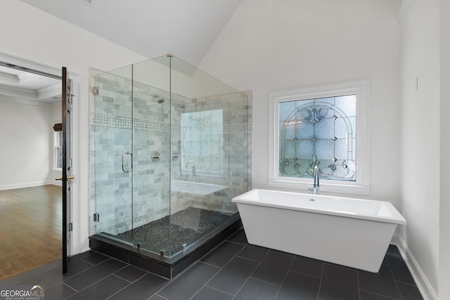 1650 Harvest Ln, Alpharetta, GA 30004 - bathroom with tile patterned floors, a soaking tub, and a shower stall