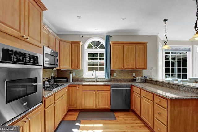 1875 Edgemont Ct, Cumming, GA 30041 - kitchen featuring appliances with stainless steel finishes, ornamental molding, a peninsula, light wood-style flooring, and dark stone countertops